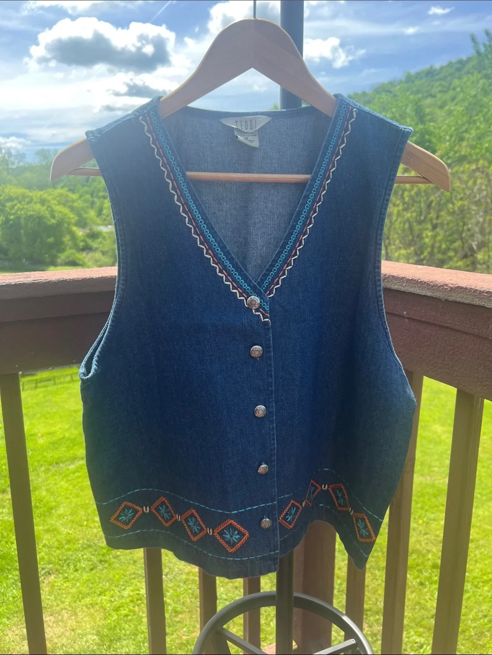 VTG Teddi Denim Vest M NWT 90s Aztec Southwestern Embroidered Jean Cowgirl Y2K - Picture 1 of 12
